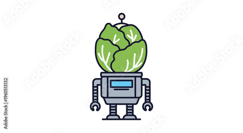 A whimsical illustration depicting a futuristic robot with a vibrant green cabbage head,