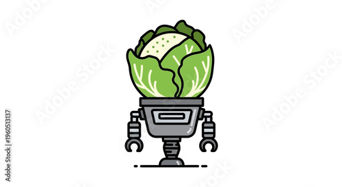 Charming illustration of a cabbage head on a robotic body representing organic innovation and