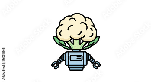 A whimsical cartoon illustration depicting a friendly robot character with a vibrant cauliflower