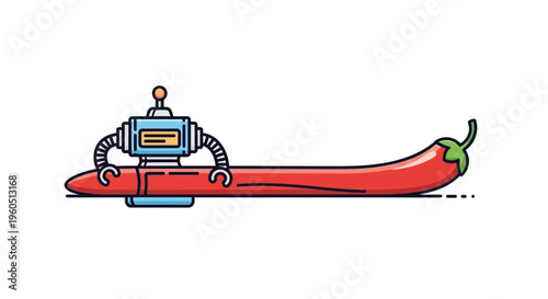 A whimsical illustration depicting a futuristic robot firmly grasping a long vibrant red chili