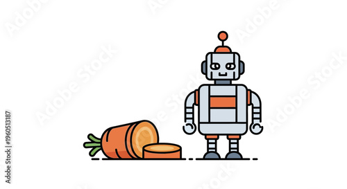 Charming cartoon robot character alongside a freshly sliced orange carrot illustration on white