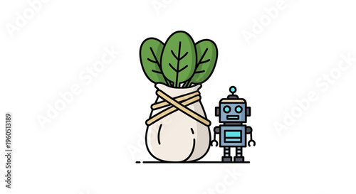 Digital illustration depicting a friendly robot standing beside a freshly bundled plant