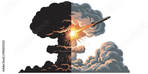 Bomb explosion mushroom cloud and missile launching vector art eps 10