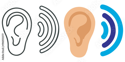 Outline and colored ears with sound waves showing hearing concept eps 10