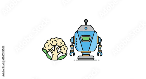 Modern flat design icon showing a futuristic blue robot next to an organic cauliflower
