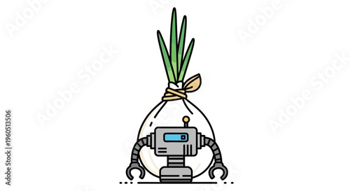 Innovative cartoon robot design featuring vibrant green onions representing future agriculture