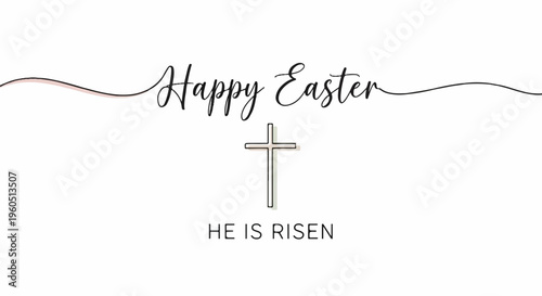 Easter greeting card with cross and happy easter text on white background symbolizing faith and celebration
