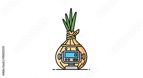 Futuristic bio-tech sensor integrated into a growing onion bulb for advanced agricultural monitoring