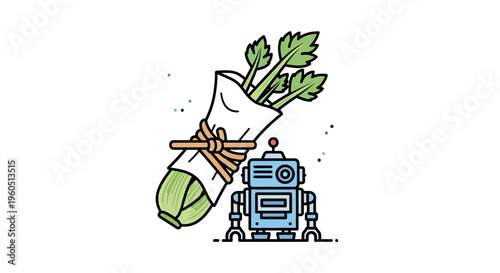 Charming illustration combining a cute robot with a fresh bundle of organic green celery produce