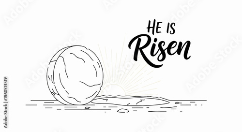 Easter egg rolling on ground with he is risen text symbolizing easter morning and christian faith