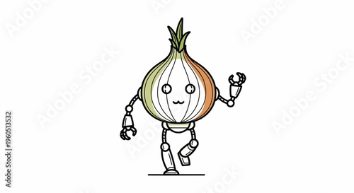 Whimsical green and orange onion character with mechanical limbs walking forward on a clean