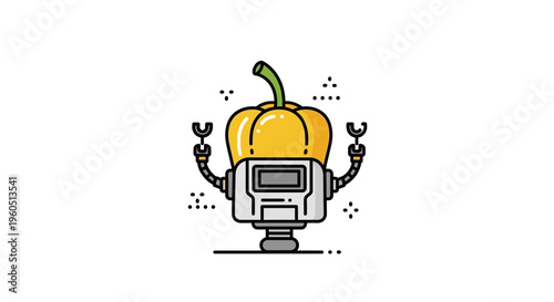 A creative illustration blending a fresh yellow bell pepper with advanced robotic technology