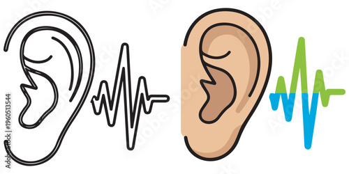 Outline and colored ears with sound waves showing hearing concept eps 10