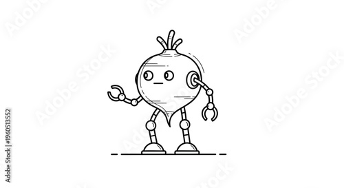 Minimalist line art illustration of a curious vegetable-robot hybrid character with bionic limbs