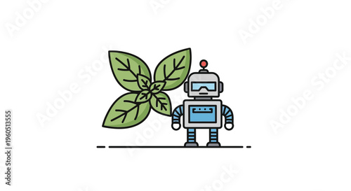 A friendly robot standing next to vibrant green leaves symbolizing smart agriculture and