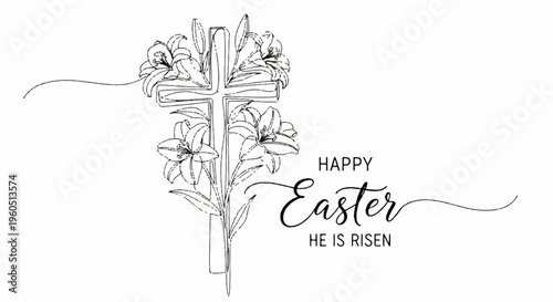 Easter floral bouquet with 'happy easter he is risen' text black line art on white background for holiday greeting cards and decorations