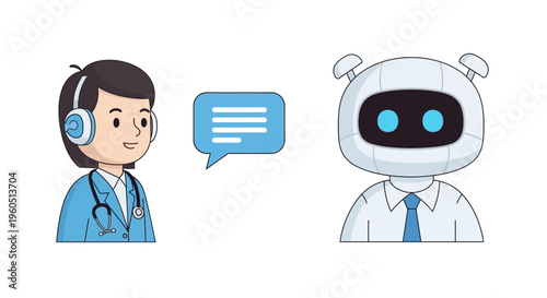 Doctor Communicating with Robot Assistant via Chat Bubble - Healthcare Technology