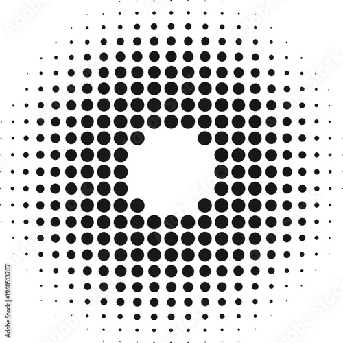 Halftone circle pattern, black white gradient dots, circular dot design, symmetrical hexagonal arrangement, minimalist vector illustration, geometric abstract art