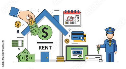 Home Rental Payment Concept: Hand Inserting Money into House, Realtor with Keys, Credit Cards, Calendar