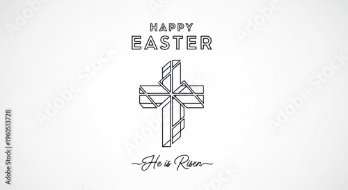 Easter cross greeting card with happy easter text and he is risen phrase on white background