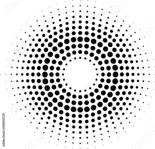 Halftone dot pattern, circular gradient design, black white vector, increasing dot size, hexagonal grid layout, clean minimalist abstract graphic