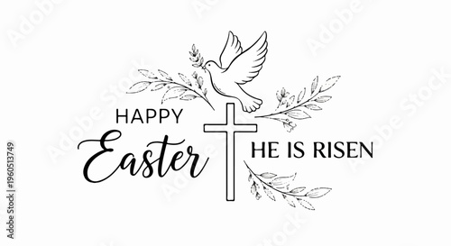 Easter celebration with dove flying over cross and branches happy easter he is risen