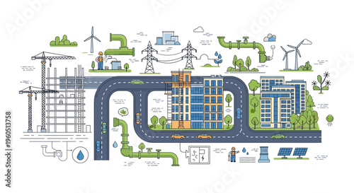 Sustainable urban development concept: infrastructure, energy, and construction