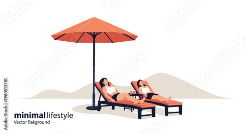 Minimalist beach scene with two women relaxing on sun loungers under an umbrella.