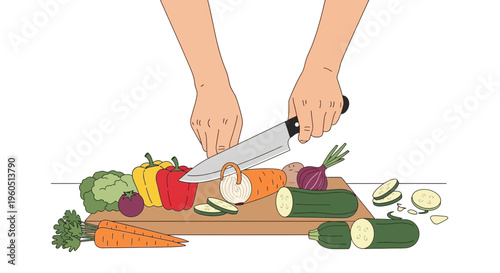 Hands chopping fresh vegetables on wooden cutting board, healthy cooking concept
