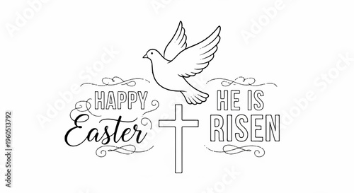 Easter celebration illustration with dove cross and happy he is risen text on white background