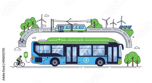 Eco-friendly public transport: electric bus, tram, cyclist charging bike with renewable energy sources.