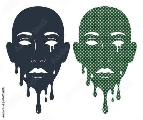 Distorted faces with melting tears express emotional distress and abstract sadness.