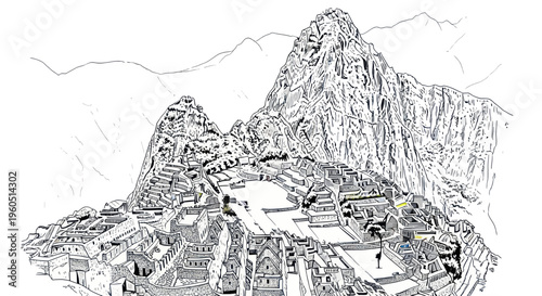 Machu Picchu Ancient Inca Citadel in the Andes Mountains, Peru - Line Art