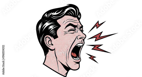 Man Screaming Loudly, Aggressive Outburst, Comic Book Style