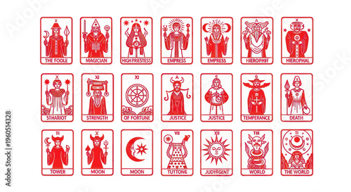 Red Tarot Cards Set - Esoteric Symbols and Fortune Telling Icons