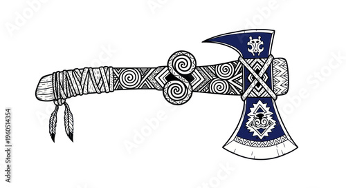 Tribal Axe with Feathered Handle and Intricate Blue Patterns