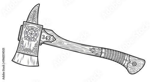 Firefighter Axe Tool Illustration - Black and White Line Art