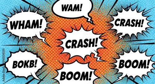Comic Book Action Sound Effects Background with Speech Bubbles