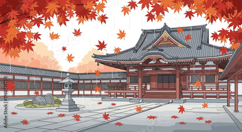 Japanese Temple Courtyard in Autumn with Falling Maple Leaves