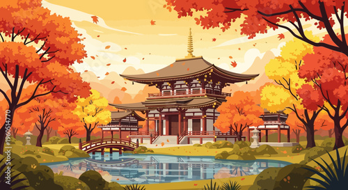 Japanese Temple Garden in Autumn Season