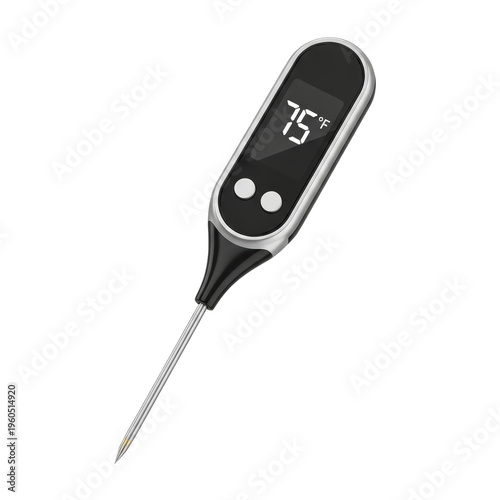 Digital Food Thermometer With Stainless Steel Probe Displaying 75 Degrees Fahrenheit Isolated On a transparent Background