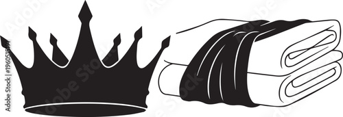 Crown and folded towels vector silhouette illustration, line art, royal luxury item