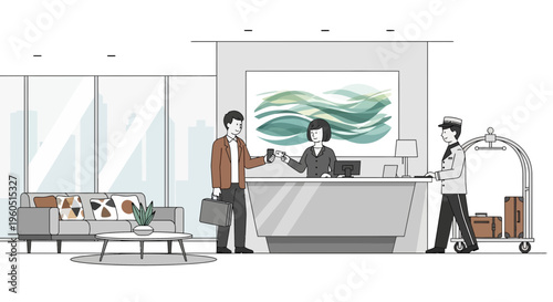 Hotel check-in: guest receives key from receptionist with bellhop and luggage cart nearby