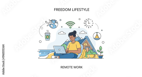 Freelancer working remotely in nature, freedom lifestyle, digital nomad concept