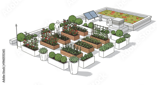 Urban Rooftop Garden with Raised Beds, Solar Panels, and Green Roof
