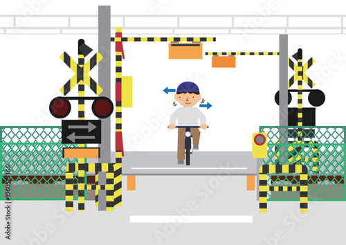 自転車の踏切前での一時停止と左右確認を行っている人のイラスト