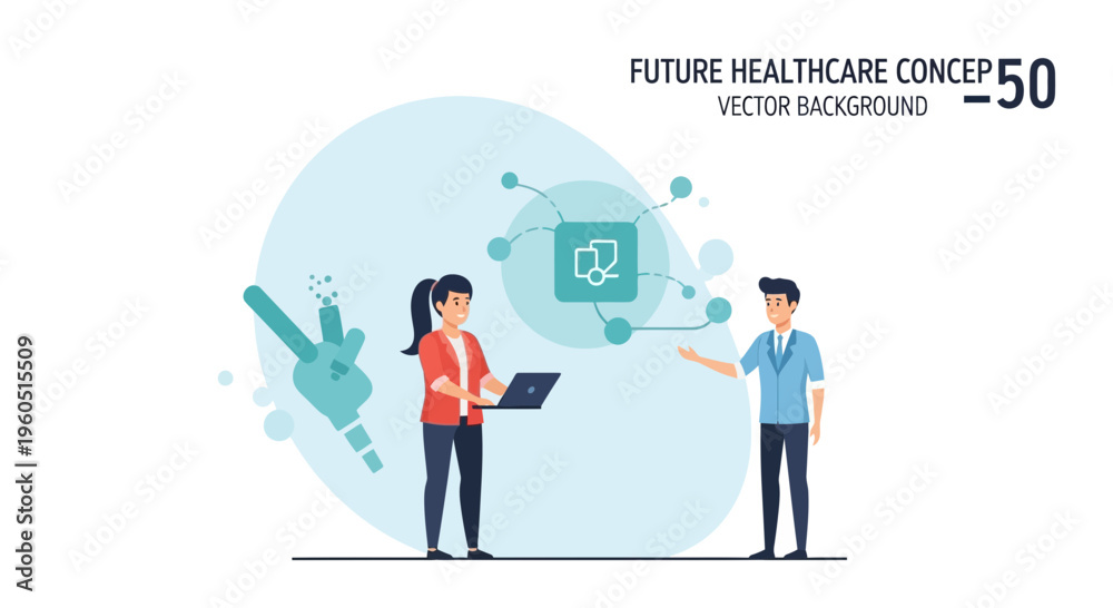 Naklejka premium Future Healthcare Technology: Doctors and Patients with Digital Network and Laptop
