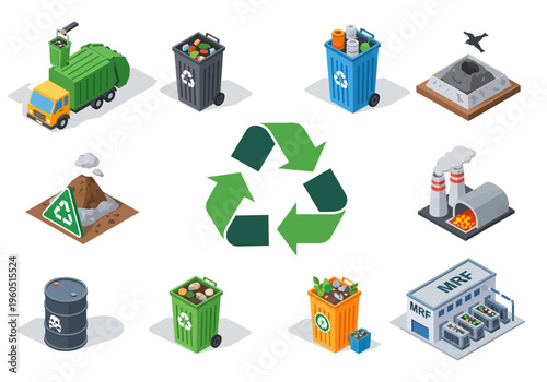 Isometric recycling icons featuring a garbage truck, bins, and waste management facilities
