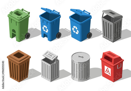 Collection of various types of waste and recycling bins in isometric view