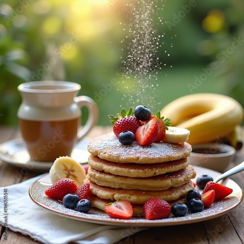 Stack of Pancakes with Fresh Berries and Hot Coffee Outdoors